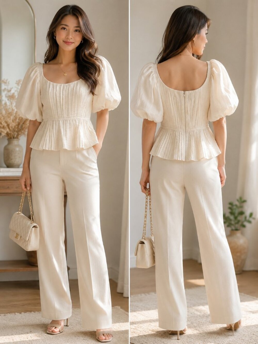 Banana Republic Ivory Kali Pintuck Puff Sleeve Peplum Blouse Size 4